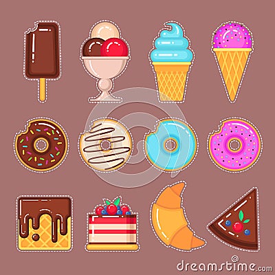 Vector set of ice creams, donuts, waffles, cake and croissant Vector Illustration