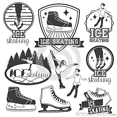 Vector set of ice skating emblems, badges, logos, banners and design elements. Isolated monochrome illustrations in Vector Illustration