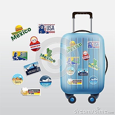 Set of traveling stamps and luggage Vector Illustration