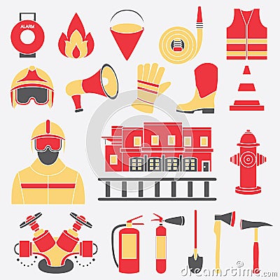 Vector set icons of firefighting equipment illustration Cartoon Illustration