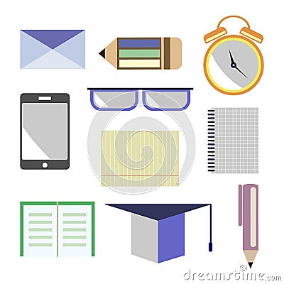 Vector set of icons. Letter, glasses, alarm clock, pen, pencil, notebook, paper, smart phone, academic cap. Isolated on the white Vector Illustration