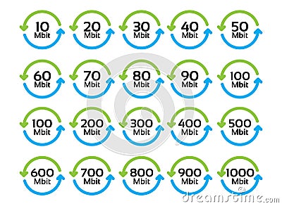 Vector set of icons of network speed from Mbit do Gbit. Internet acceleration. Simple speedometer Vector Illustration