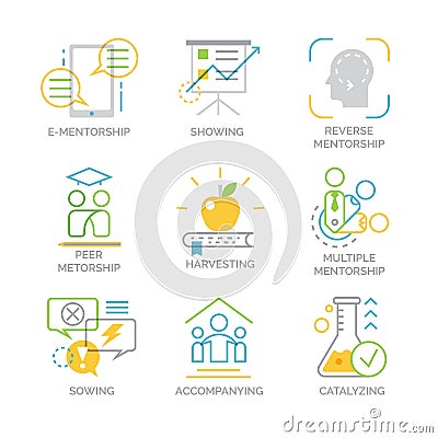 Vector set icons related to types and techniques of mentorship. Vector Illustration