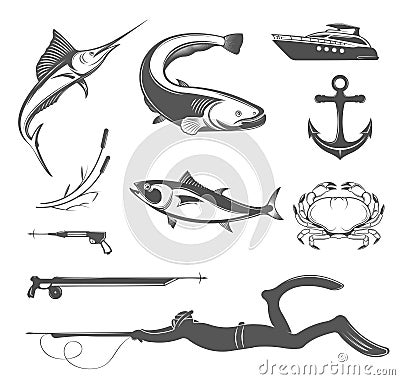Vector Set of Icons and Signs of Equipment for Spearfishing Stock Photo