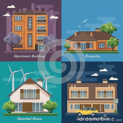 Vector set of illustration with buildings, detached house, semi-detached house, bungalow, mansion, high-rise building. Vector Illustration