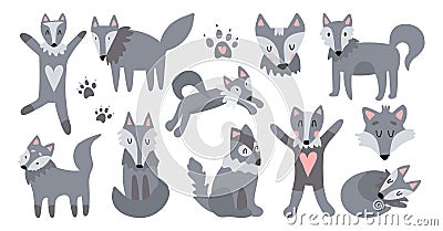 Vector set of illustrations of cute wolves. The good wolf sleeps, jumps, hugs, runs, sits. Suitable for animation, design of Vector Illustration