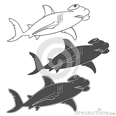 Vector set of illustrations depicting the hammer shark. Vector Illustration