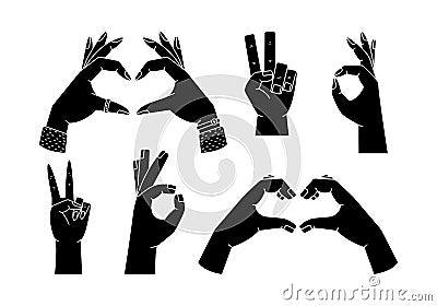 Vector set with illustrations of hand gestures - victory, love gesture, OK. Simple style, outline and flat style woman and man Vector Illustration