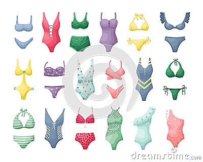 Vector set of illustrations of women`s swimwear. Beachwear Vector Illustration