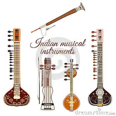 Vector set of indian musical instruments, flat style. Vector Illustration