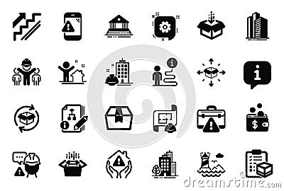 Vector Set of Industrial icons related to Builder warning, Court building and Stairs. Vector Vector Illustration