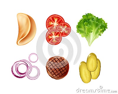 Vector set of ingredients for taco, tortilla including tomato, lettuce onion, patty and pickles isolated on background Vector Illustration