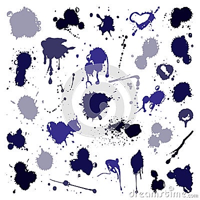 Vector set of ink splashes blots splatter collection grunge design element and art messy backdrop color dirty liquid Vector Illustration