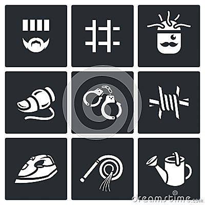 Vector Set of Interrogation Icons. Criminal, Prison, Electric chair, Lie detector, Arrest, Insulation, Appliance Vector Illustration