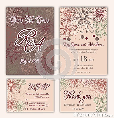 Vector set of invitation cards with flowers elements Wedding col Vector Illustration