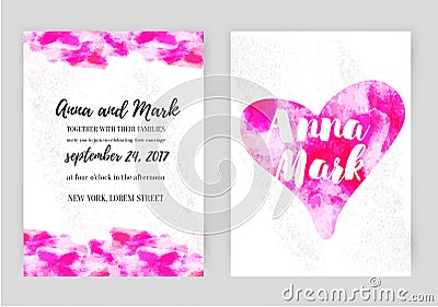 Vector set of invitation cards with watercolor heart. Wedding romantic collection for print, valentines day, birthday Vector Illustration