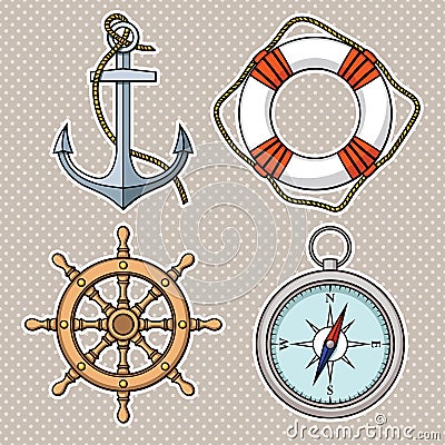 Vector set with isolated anchor, lifebuoy, ships wheel, compass. Vector Illustration