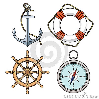Vector set with isolated anchor, lifebuoy, ships wheel, compass. Vector Illustration