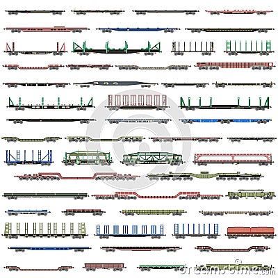 Vector set of isolated deatiled icons of railway trains, railcars, waggons and vans Vector Illustration