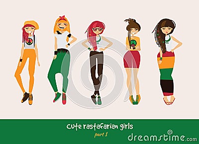 Vector set with isolated rasta girls. Rastafarian clothes in bright colors, ethnic accessories, various hairstyle and posing. Smil Stock Photo