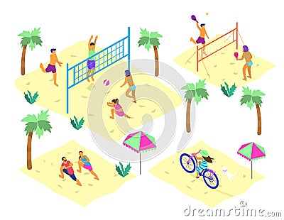 Vector set of isometric beach scenes with different people doing summer sports. Vector Illustration