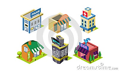 Vector set of isometric city constructor elements. Public buildings. Police department, market, hairdressing salon Vector Illustration