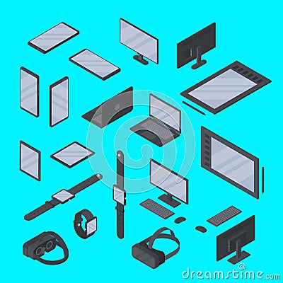 Vector set of isometric gadgets technology isolated. Smart watch, graphic tablet, smartphone, VR glasses and other Vector Illustration