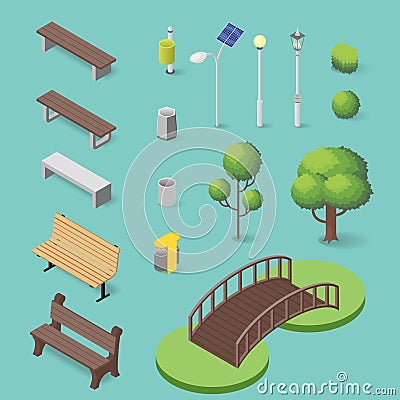 Vector set of isometric park objects: bench, trash box, trees Vector Illustration