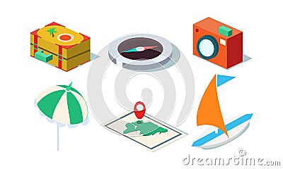 Vector set of isometric travel objects. Yacht, photo camera, beach umbrella, suitcase, map and compass. Vector Illustration