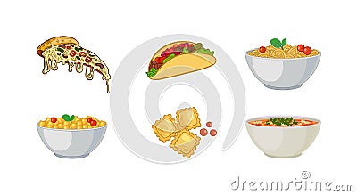 Vector Set of Italian Food Colorful Icons, Colored Illustrations, Hand Drawn Food. Vector Illustration