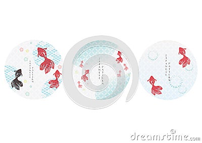 Vector set of Japanese icon and logo template. Geometric pattern in Asian traditional style. Red carp fish and cherry blossom Stock Photo