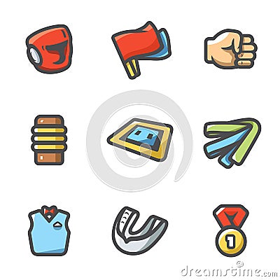 Vector Set of Karate Icons. Helmet, Flags, Fist, Makiwara, Tatami, Belt, Judge, Medal, Bandage. Vector Illustration