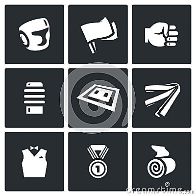 Vector Set of Karate Icons. Helmet, Flags, Fist, Makiwara, Tatami, Belt, Judge, Medal, Bandage. Vector Illustration