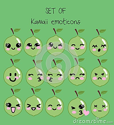 Vector set of kawaii emoticons, cute lime with faces with different emotions Stock Photo
