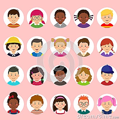 Set of kids faces, avatars, children heads different nationality in flat style Vector Illustration