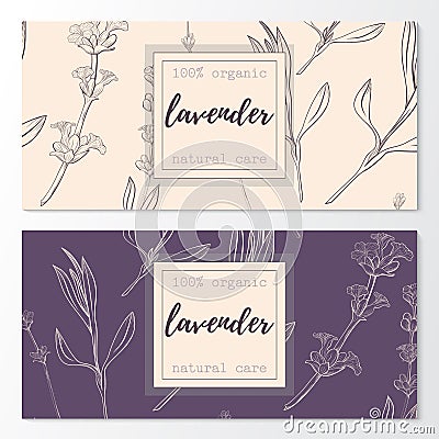 Vector set of lavender natural cosmetic horizontal banners on a seamless pattern. Vector Illustration