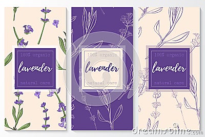 Vector set of lavender natural cosmetic vertical banners on a seamless pattern. Vector Illustration