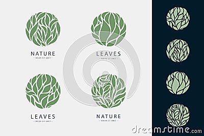 Vector set of leaf circle logos, green, nature abstract icons. Ogranic round shape emblems. Vector Illustration