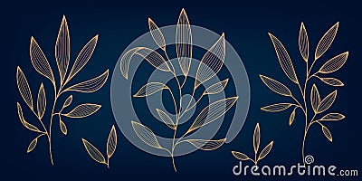 Vector set leaves botanical modern, art deco branches isolated, golden hand drawn . Line design, luxury style. Stock Photo