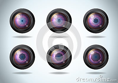 Vector set of lens aperture. Diaphragm of a photo camera shutter realistic icon set. Side exposed aperture blades Vector Illustration