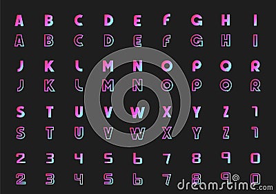 Vector set of letters of the alphabet and numbers, neon style Vector Illustration