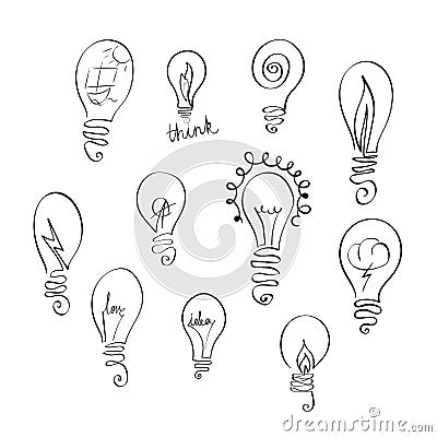 Vector set of light bulb icons with concept of idea. Doodle sign collection. Vector Illustration