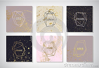 Vector set of line golden frames, cards with texture. Wedding invitation save the date card design with elegant foil Vector Illustration