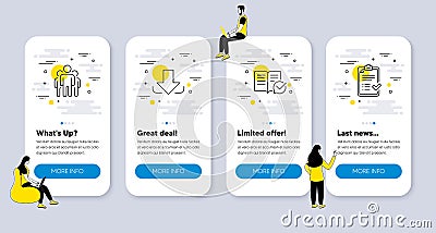 Vector Set of line icons related to Download, Group and Approved documentation. Vector Vector Illustration