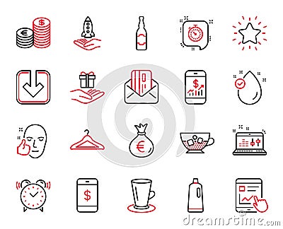 Vector Set of line icons related to Shampoo, Cloakroom and Cold coffee. Vector Vector Illustration