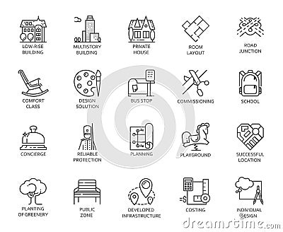 Vector set of 20 linear icons of city infrastructure. Pictogram in linear style for advertising and real estate projects Vector Illustration