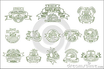 Vector set of linear labels for natural farm products. Organic and healthy food. Emblems with tractors, fields, fruits Vector Illustration