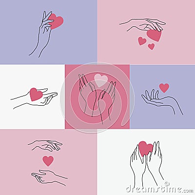 Vector set of linear logos with hands holding hearts. Valentine, romantic, charity cards, banners, illustrations Vector Illustration
