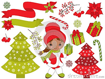 Vector Set with Little African American Girl and Christmas Festive Elements Vector Illustration