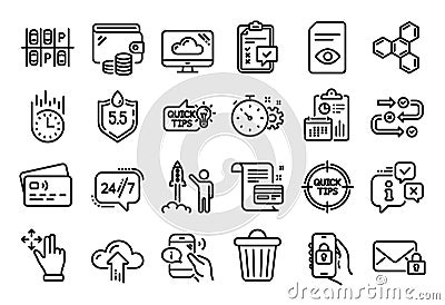 Vector set of Locked app, Cloud upload and Launch project line icons set. Vector Vector Illustration